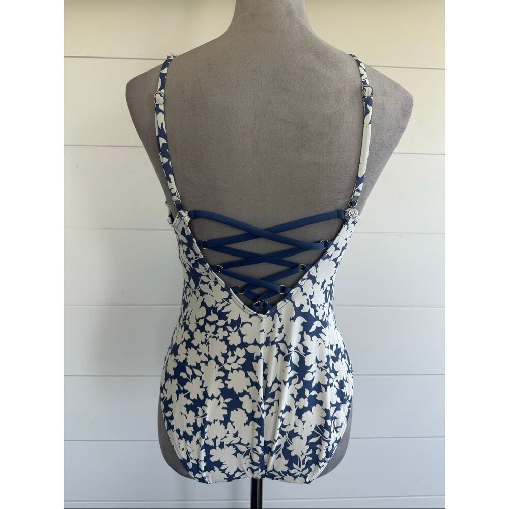 Michael Kors One Piece Swimsuit Women Size 16 Blue & White Floral Lace Up Back N - Picture 2 of 13